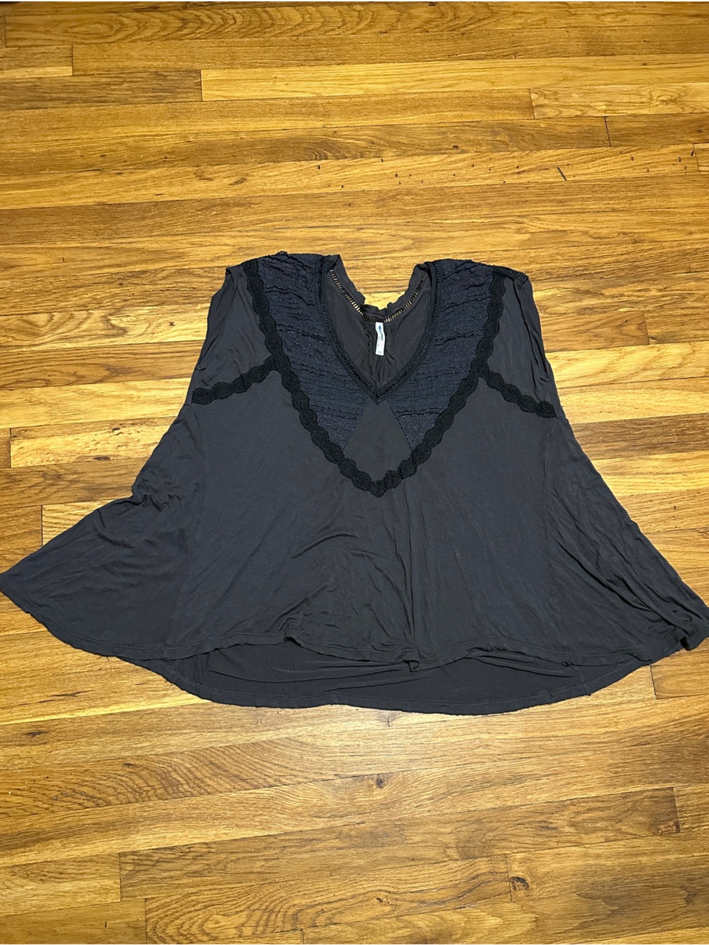 Free People Black Short Sleeve V-Neck Lace Trim Tee